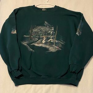 Northern Reflections Dark Green Crewneck Sweater with Snowy Cabin Design Vintage
